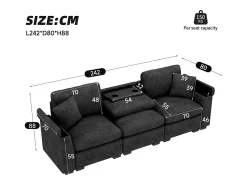 Sofá|Hauss Spole Sofá de 3 lugares em chenille - Almofadas, mesa de apoio dobrável, entradas USB e espaço para arrumação. Cinzento