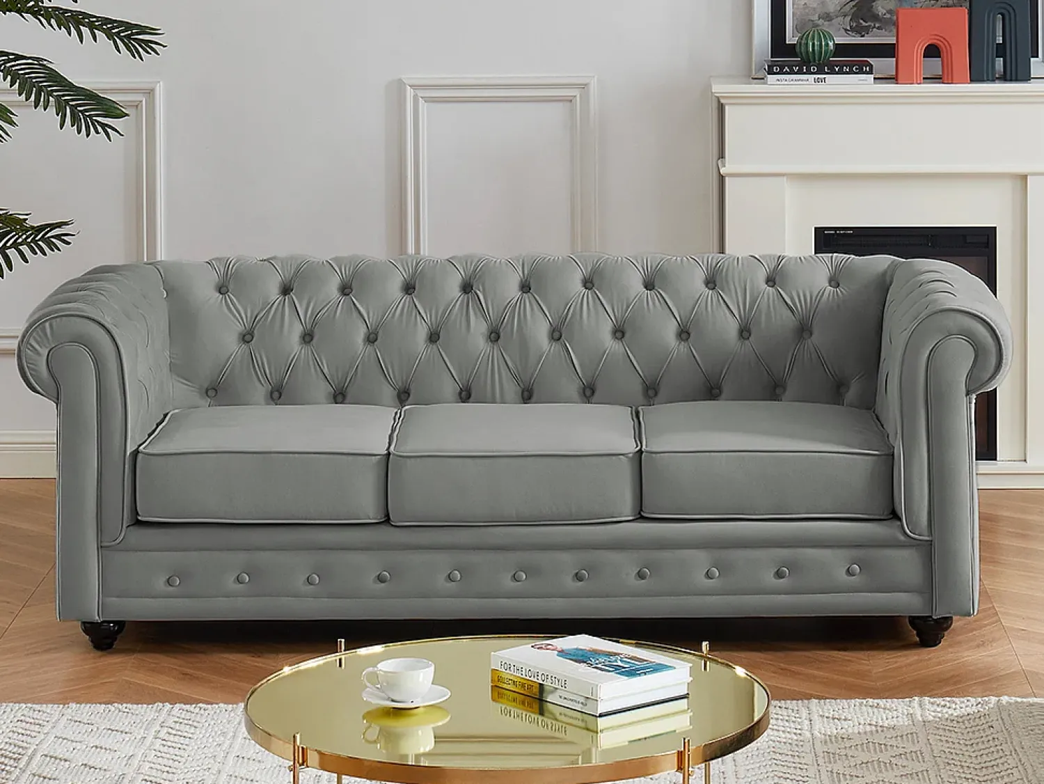 Sofá|Vente-unique Sofá de 3 lugares em veludo cinzento prateado CHESTERFIELD Cinzento claro