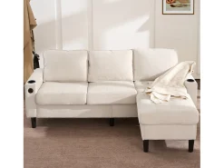 Sofá|ModernLuxe Sofá de 3 lugares estofado​​ - com ​​portas USB e Type-C​​ - com ​​dois porta-copos​​ - ​​Sofá-cama em L​​ - ​​​ Bege