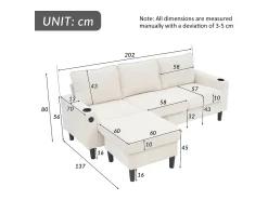 Sofá|ModernLuxe Sofá de 3 lugares estofado​​ - com ​​portas USB e Type-C​​ - com ​​dois porta-copos​​ - ​​Sofá-cama em L​​ - ​​​ Bege