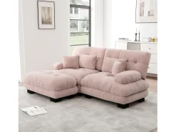 Sofá| Sofá de 2 lugares - Sofá de canto com 2 almofadas lombares e 2 almofadas decorativas - Apoios de Braços e Apoio para os Pés - Chenille Rosa