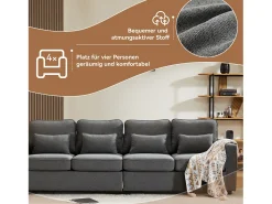 Sofá de 4 lugares, 264x83x87cm, tecido linho, com bolsos para os braços e 4 almofadas, estilo simples, para sala de estar, escuro^ Sofá