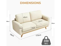 Online DripeX Sofá de 2 -Setente, sofá de madeira maciça, com assento profundo extra, assento com encosto acolchoado - 172x76x88cm Branco sujo
