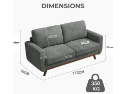 Outlet DripeX Sofá de 2 -Setente, sofá de madeira maciça, com assento profundo extra, assento com encosto acolchoado - 172x76x88cm Cinza antracite