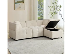New ModernLuxe Sofá de canto 3 lugares - com armazenamento - puff removível - 2 almofadas - Bege