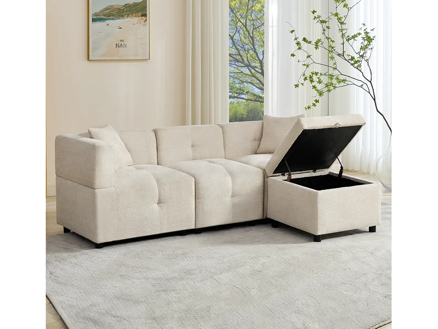 New ModernLuxe Sofá de canto 3 lugares - com armazenamento - puff removível - 2 almofadas - Bege
