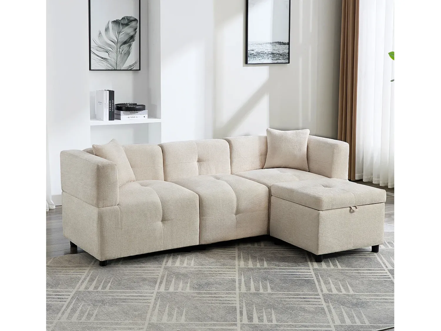 New ModernLuxe Sofá de canto 3 lugares - com armazenamento - puff removível - 2 almofadas - Bege