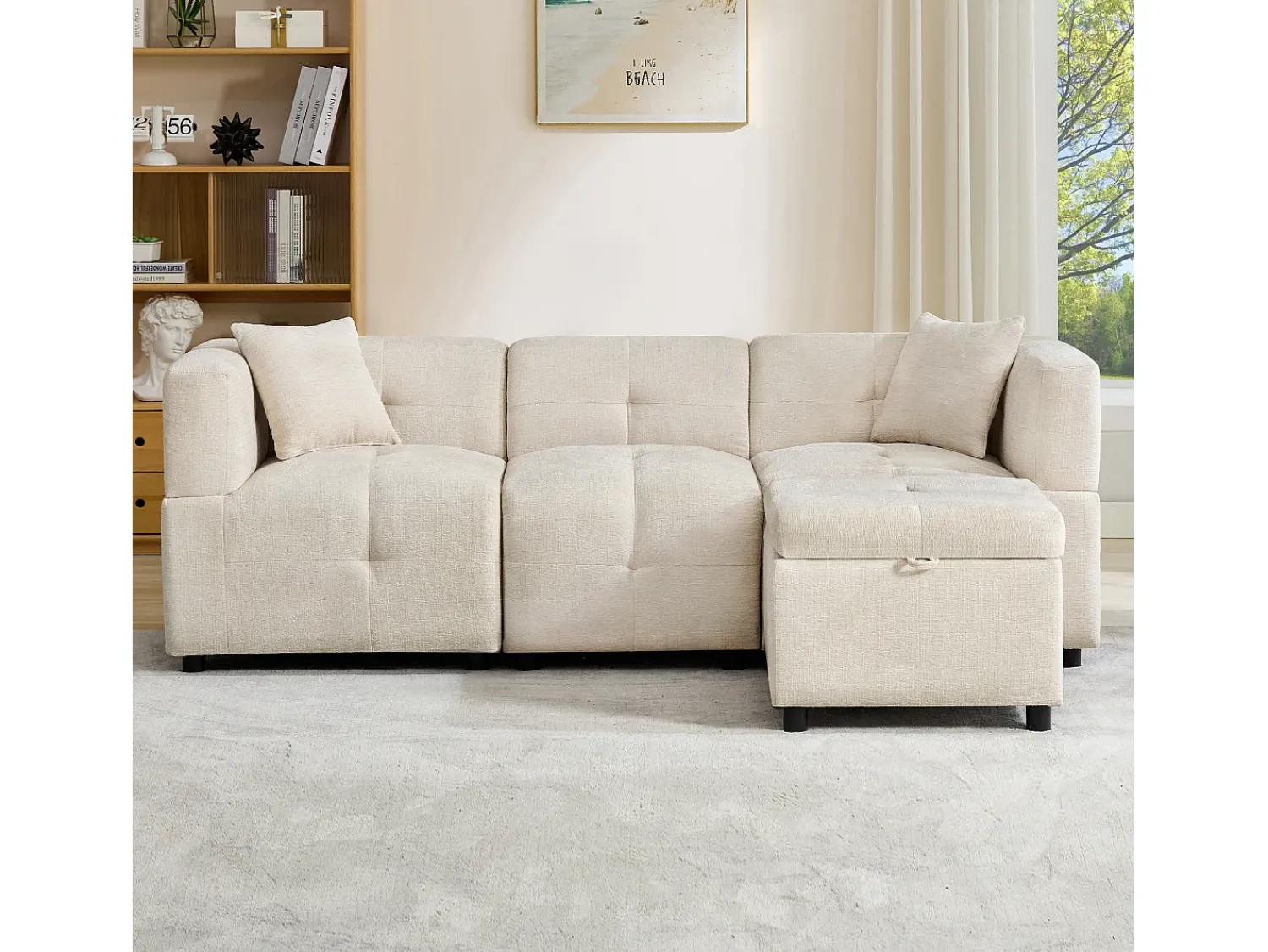 New ModernLuxe Sofá de canto 3 lugares - com armazenamento - puff removível - 2 almofadas - Bege