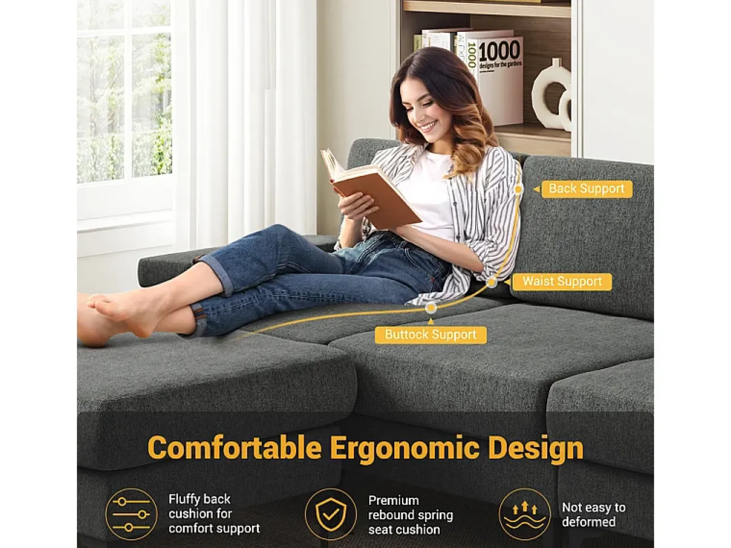 Outlet DripeX Sofá de Canto 3 Lugares em Chenille - com Ottomana - Carga Máx. 650kg - 244x146x83cm - Cinza Cinzento