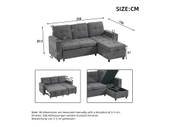 ModernLuxe Sofá de canto 3 lugares 208x146x89,5 cm - Dobrável - com iluminação LED - com porta-copos e saco de armazenamento - Cinza^ Sofá