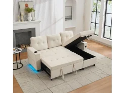 Online ModernLuxe Sofá de canto 3 lugares 208x146x89,5 cm - Dobrável - com iluminação LED - com porta-copos e saco de armazenamento - Bege