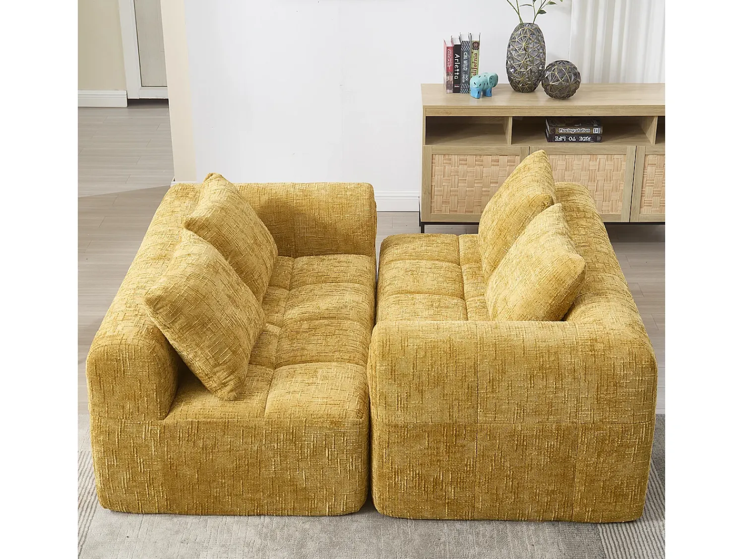 Sofá* Sofá de canto - com bolsas de arrumação e 3 almofadas - chenille - com chaise longue e braços Amarelo