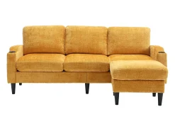 New Sofá de canto - Sofá com pufe e compartimento de arrumação - chenille - suporte para copos e compartimento de arrumação Amarelo
