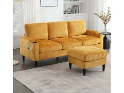New Sofá de canto - Sofá com pufe e compartimento de arrumação - chenille - suporte para copos e compartimento de arrumação Amarelo