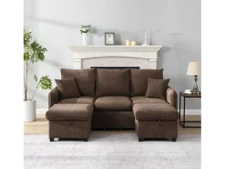 Sofá* Sofá de canto - Sofá de 3 lugares com 2 gavetas e 2 bancos de arrumação - chenille Castanho