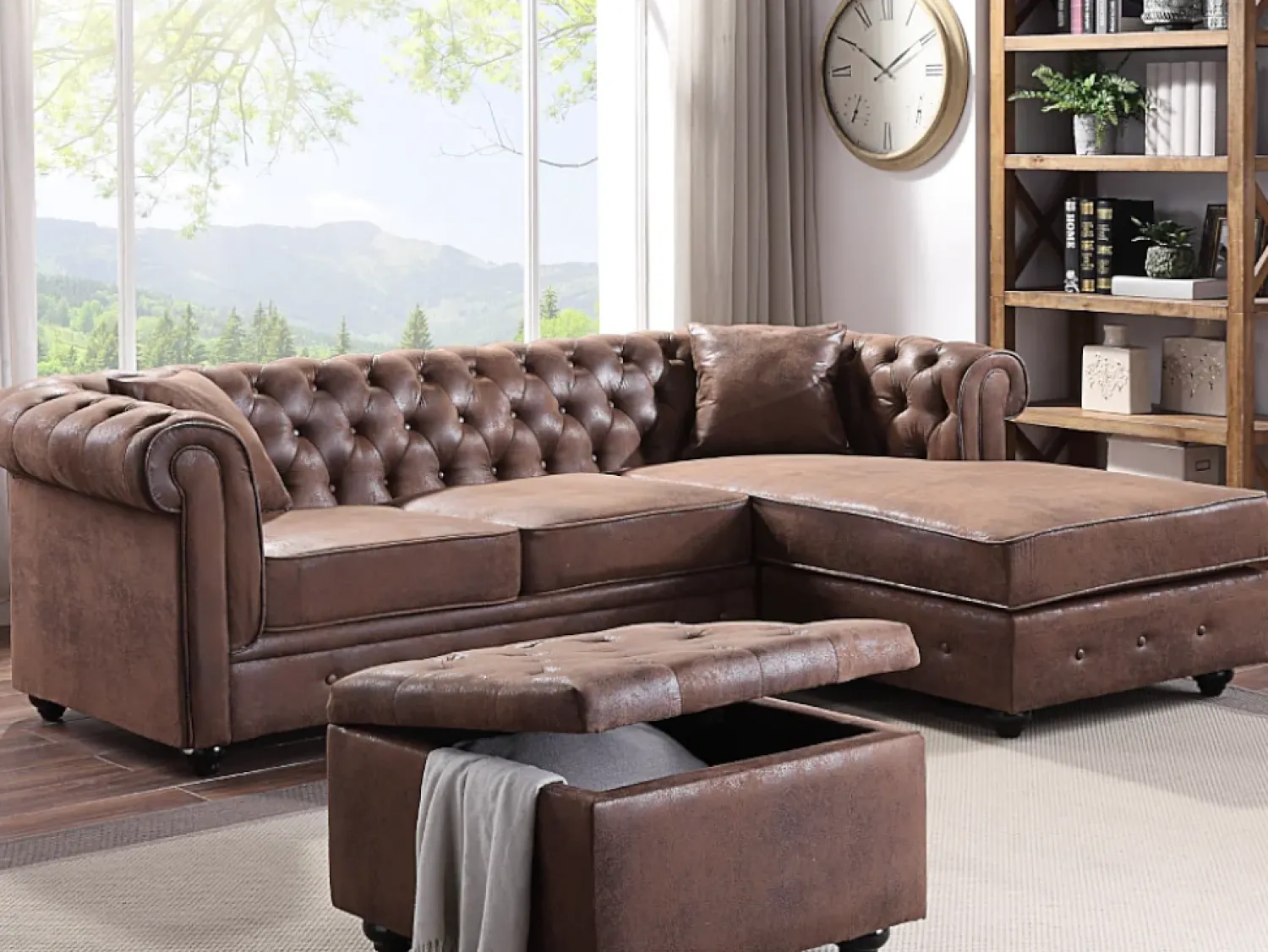 Sofá*Vente-unique Sofá de canto chesterfield microfibra envelhecida TOLEDO Castanho