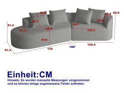 Sofá| Sofá de canto cinza claro - sofá de 4 lugares com 4 almofadas decorativas e encosto - chenille Cinzento claro
