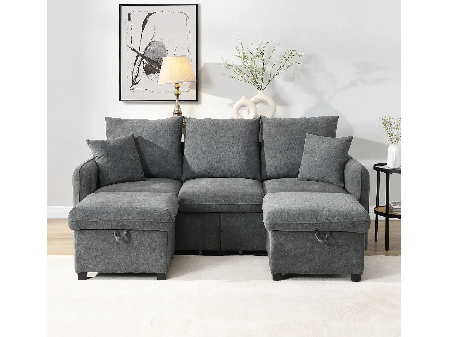 Clearance Sofá de canto - Sofá de 3 lugares com 2 gavetas e 2 bancos de arrumação - chenille Cinzento