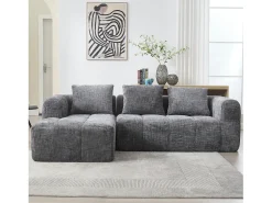 Hot Sofá de canto - Sofá de 3 lugares com compartimentos para arrumação e 3 almofadas - chenille - com chaise longue e braços Cinzento