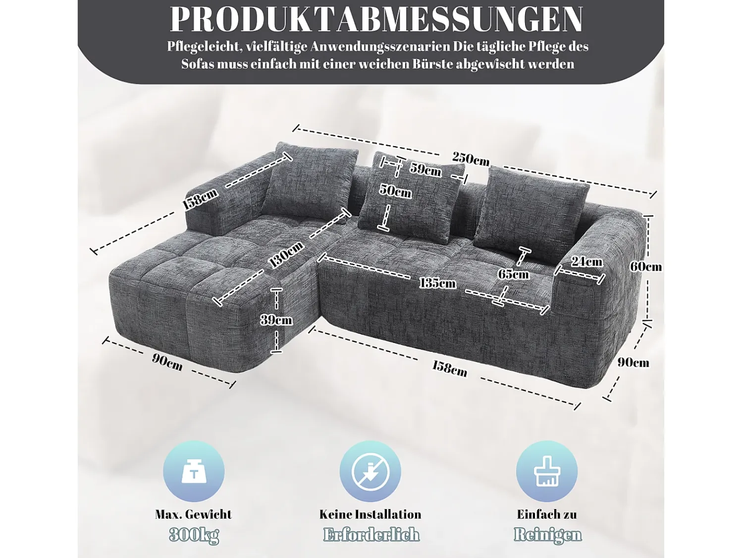Hot Sofá de canto - Sofá de 3 lugares com compartimentos para arrumação e 3 almofadas - chenille - com chaise longue e braços Cinzento
