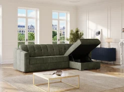 Sofá|Vente-unique Sofá de canto convertível abertura rápida tecido verde ripas largas - 160 cm - 14 cm DARIELO Caqui