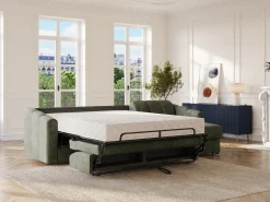 Vente-unique Sofá de canto convertível abertura rápida tecido verde ripas largas - 160 cm - 22 cm DARIELO^ Sofá