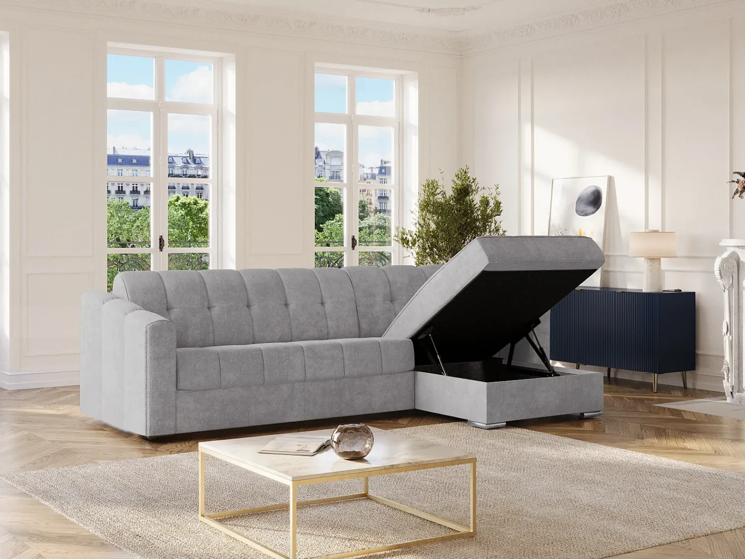 Vente-unique Sofá de canto convertível abertura rápida tecido ripas - 140 cm - 18 cm DARIELO^ Sofá