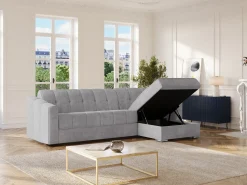 Sofá|Vente-unique Sofá de canto convertível abertura rápida reversível tecido ripas - 140 cm - 22 cm DARIELO Cinzento claro