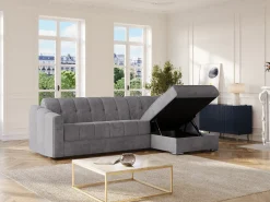 New Vente-unique Sofá de canto convertível abertura rápida tecido ripas largas - 140 cm - 22 cm DARIELO Cinzento