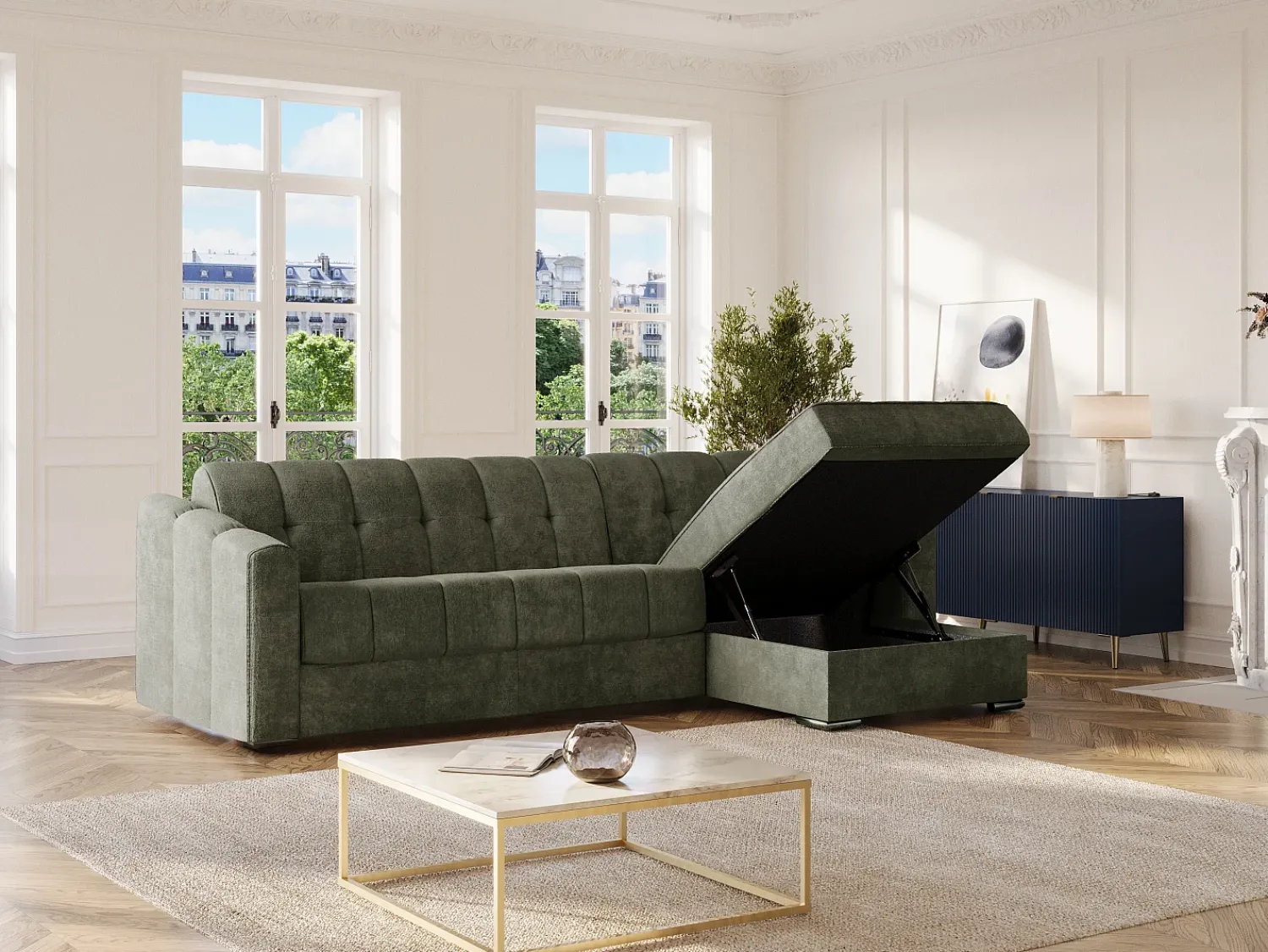 Sofá*Vente-unique Sofá de canto convertível abertura rápida tecido verde ripas largas - 140 cm - 22 cm DARIELO Caqui