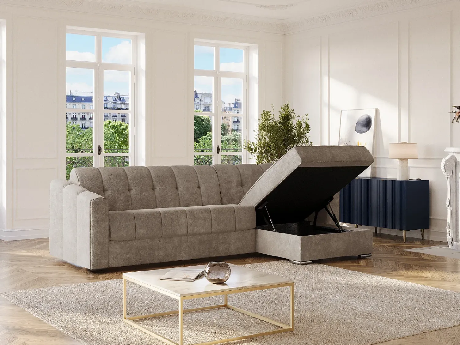 Sofá|Vente-unique Sofá de canto convertível abertura rápida tecido ripas largas - 140 cm - 22 cm DARIELO Taupe
