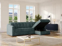 Sofá|Vente-unique Sofá de canto convertível abertura rápida tecido azul pato ripas largas 140 cm - 14 cm DARIELO Azul esverdeado