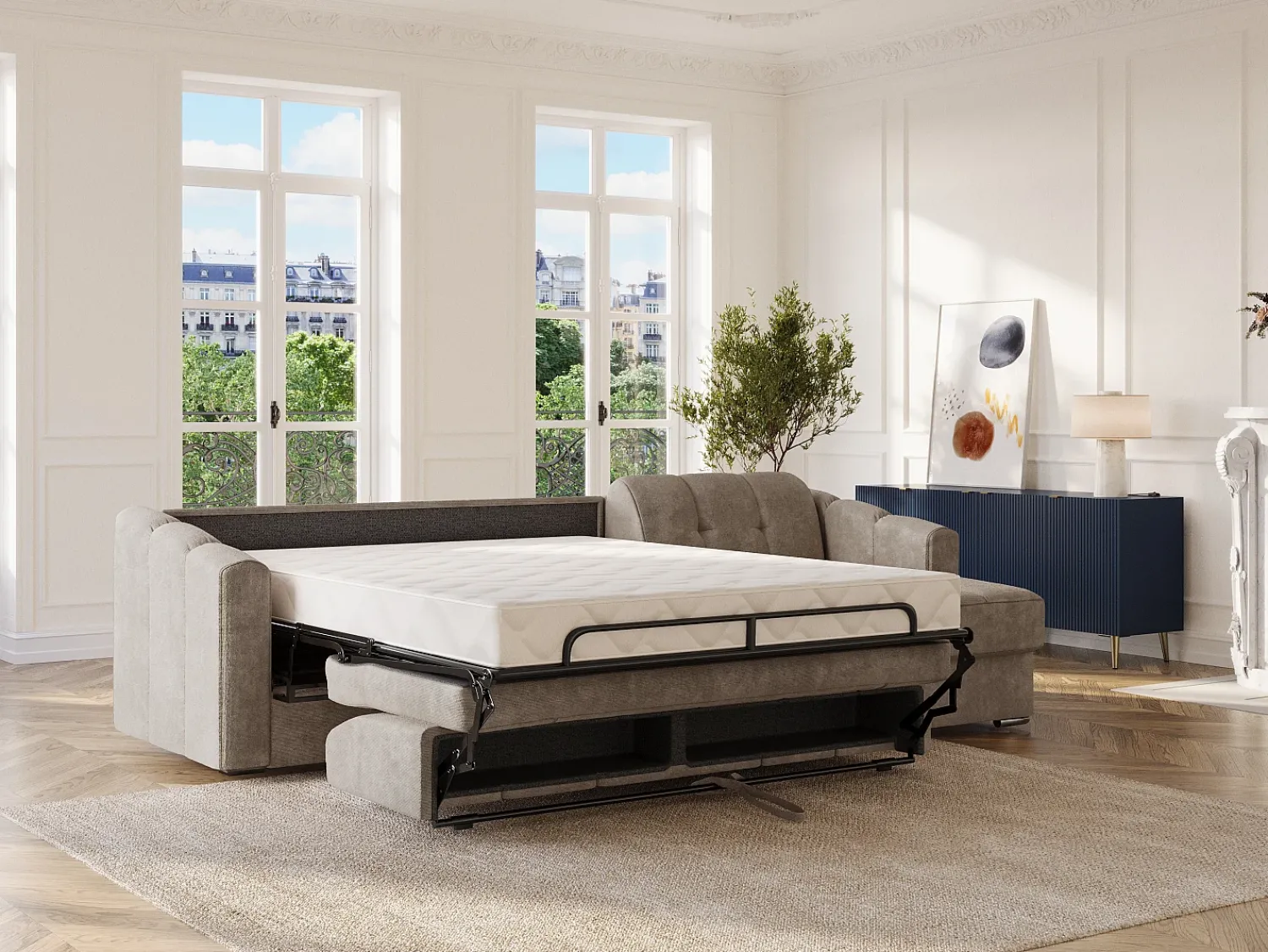 Sofá*Vente-unique Sofá de canto convertível et reversível abertura rápida em tecido - 160 cm - 18 cm DARIELO Taupe