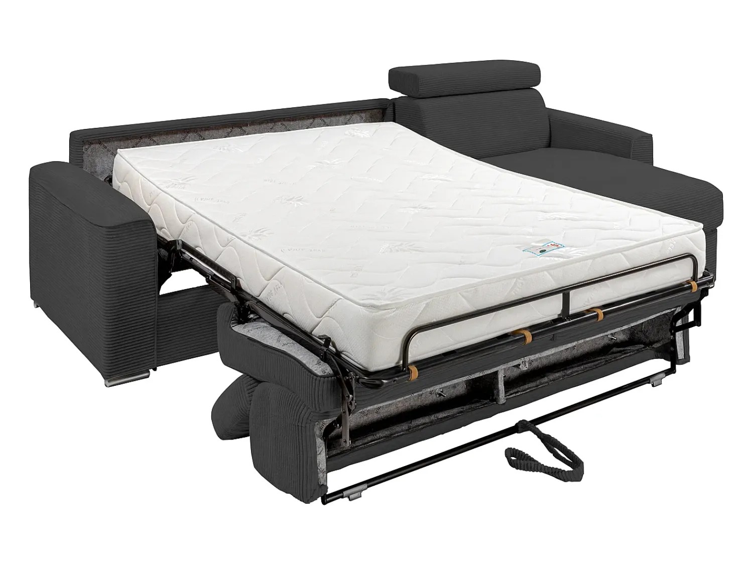 Vente-unique Sofá de canto convertível veludo canelado antracite, cama 160 cm, colchão 18 cm VIZIR^ Sofá