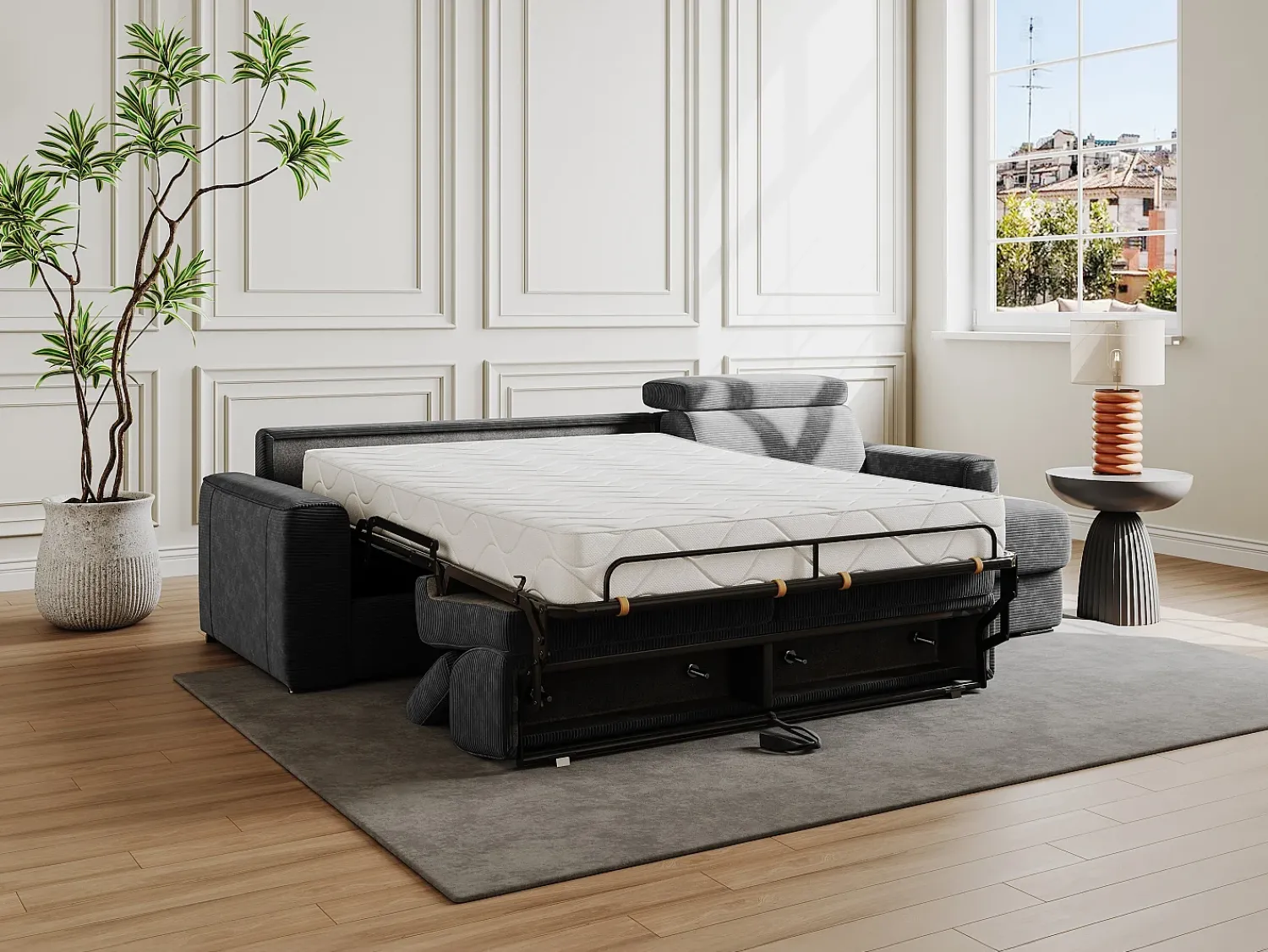 Vente-unique Sofá de canto convertível veludo canelado antracite, cama 160 cm, colchão 18 cm VIZIR^ Sofá
