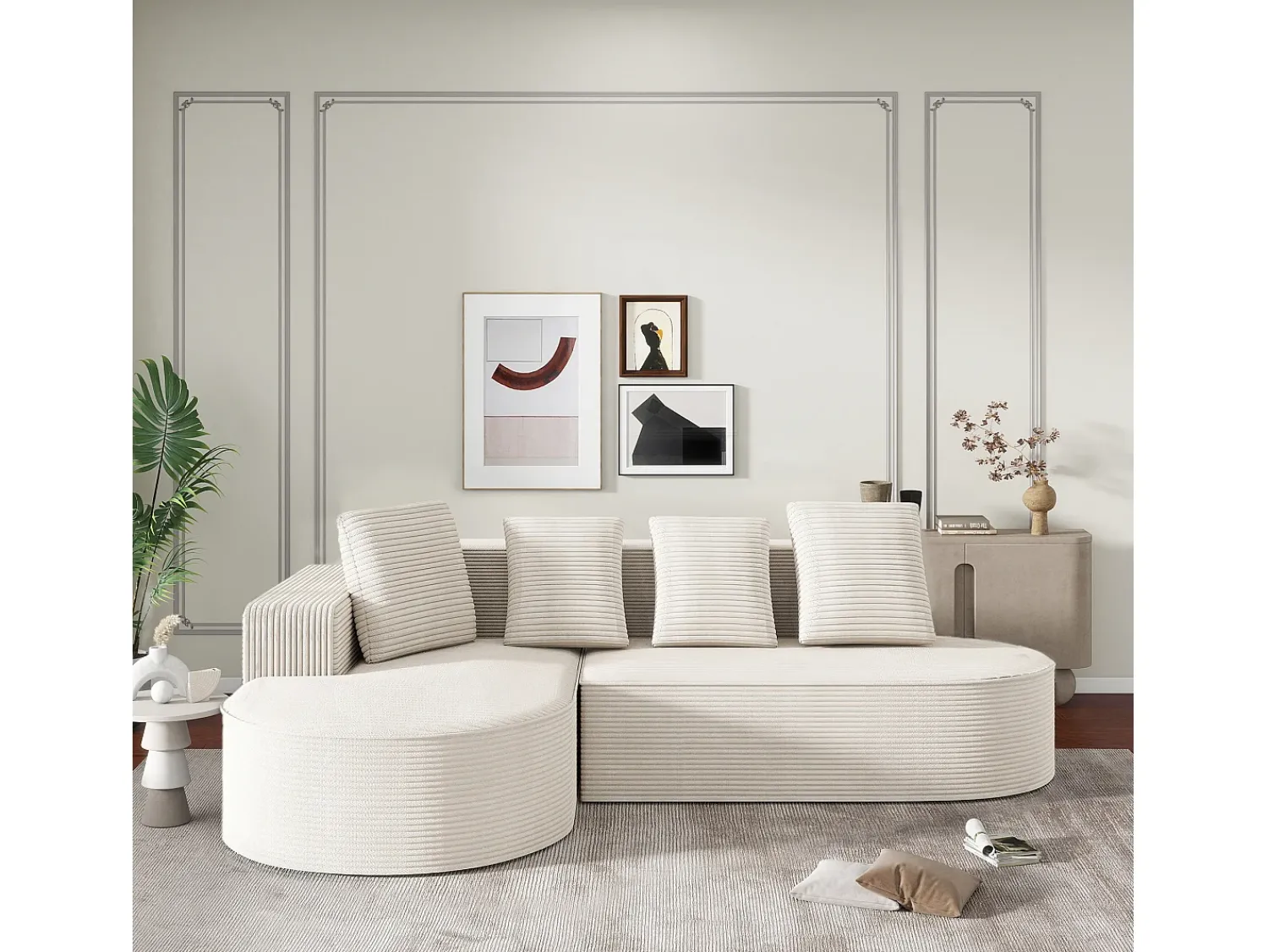 Sofá|Hauss Spole Sofá de canto de 3 lugares com 4 almofadas - Chaise longue em forma de L - Veludo cotelê - Não necessita de montagem Branco