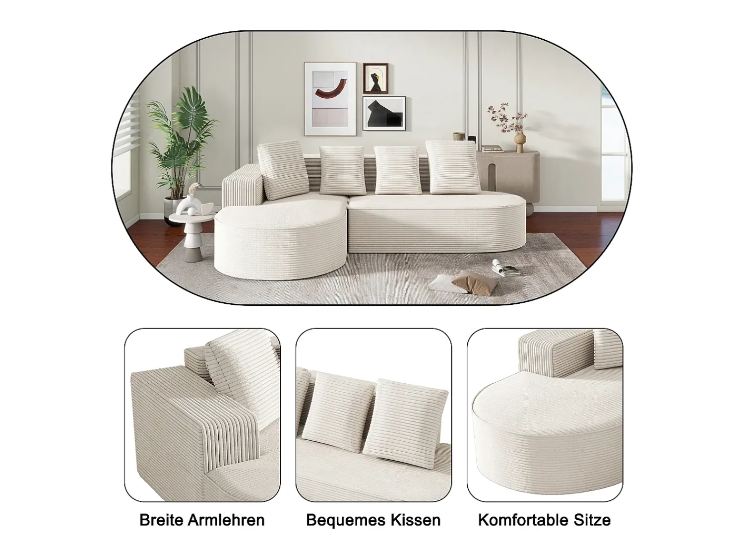 Sofá|Hauss Spole Sofá de canto de 3 lugares com 4 almofadas - Chaise longue em forma de L - Veludo cotelê - Não necessita de montagem Branco