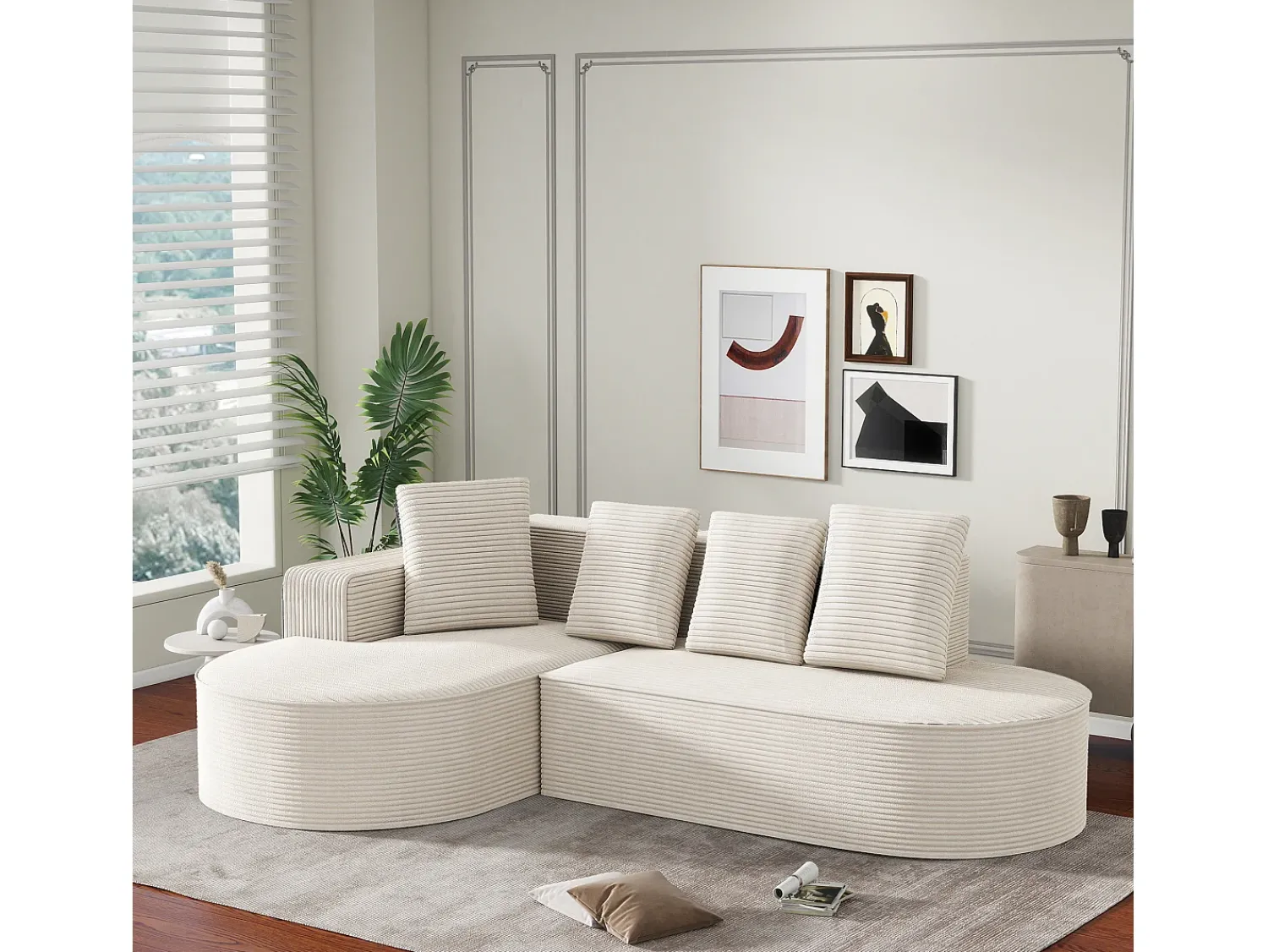 Sofá|Hauss Spole Sofá de canto de 3 lugares com 4 almofadas - Chaise longue em forma de L - Veludo cotelê - Não necessita de montagem Branco