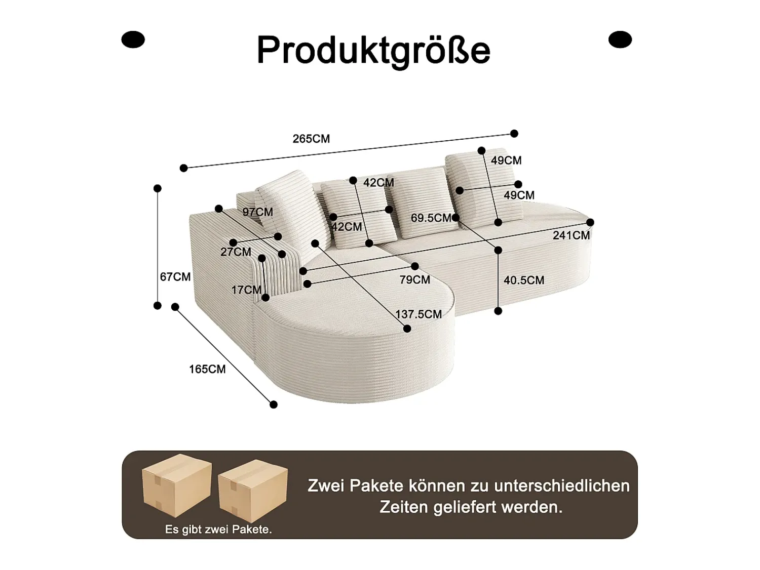 Sofá|Hauss Spole Sofá de canto de 3 lugares com 4 almofadas - Chaise longue em forma de L - Veludo cotelê - Não necessita de montagem Branco