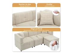 New Merax Sofá de canto de 3 lugares - 204 x 126 x 69 cm - com armazenamento + apoio para os pés removível + 2 almofadas - Chenille - branco Bege