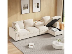 Merax Sofá de canto de 4 lugares com 2 apoios de braço e espaço de arrumação + mesa de centro dobrável com 2 porta-copos + porta USB - chenille -^ Sofá