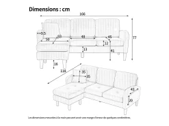 Sofá*Merax Sofá de canto de 3 lugares com chaise longue - 166 x 118 x 77 cm - tecido de veludo - pés de plástico - claro Bege