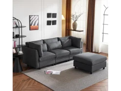 Outlet Sofá de canto de 3-4 lugares, mobiliário estofado em forma de L, tecido de linho, 220x83x81cm, Cinzento