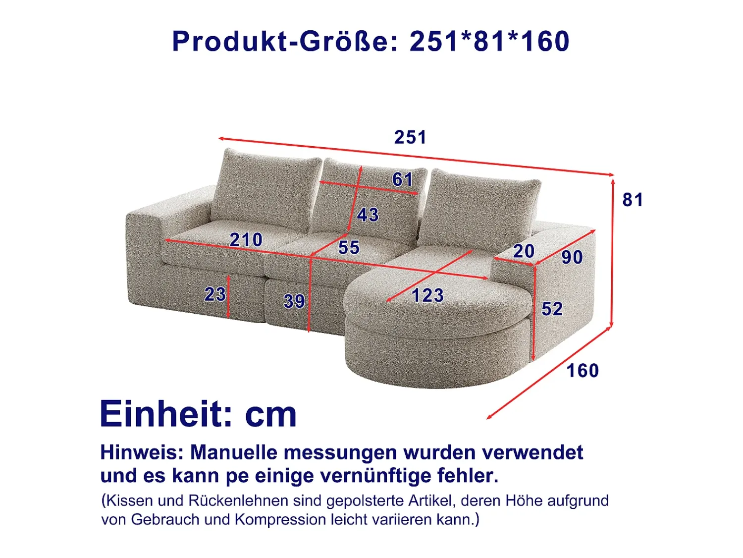 Sofá*Hauss Spole Sofá de canto de 3 lugares com chaise longue e 3 almofadas - Tecido chenille Bege