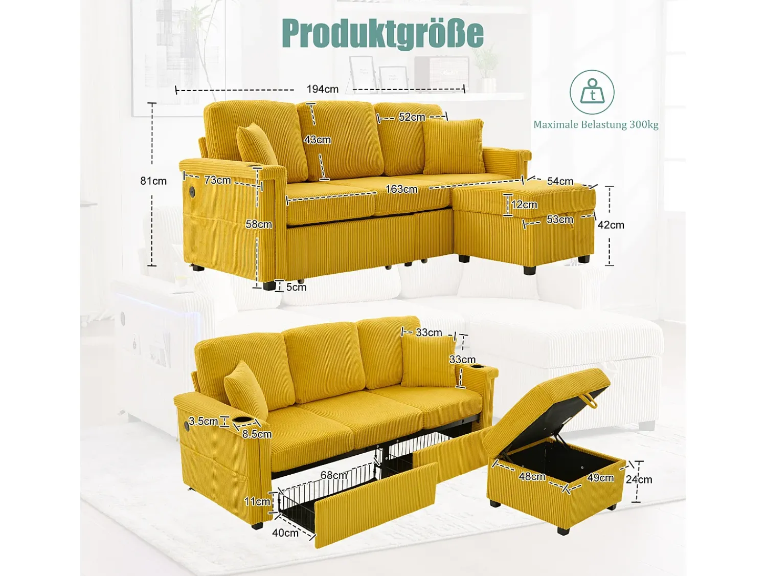 Sofá*Hauss Spole Sofá de canto de 3 lugares em bombazine - Com iluminação LED, portas USB/Tipo-C e 2 gavetas. Amarelo mostarda