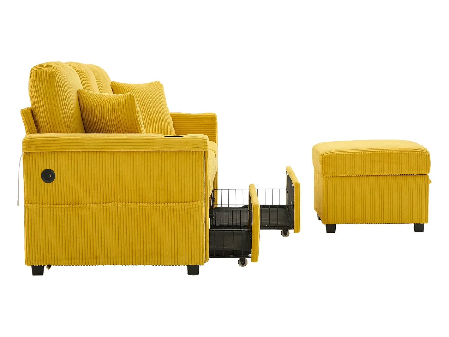 Sofá*Hauss Spole Sofá de canto de 3 lugares em bombazine - Com iluminação LED, portas USB/Tipo-C e 2 gavetas. Amarelo mostarda