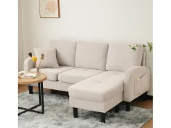 Sofá|Merax Sofá de canto de 3 lugares com chaise longue - 185 x 118 x 82 cm - tecido respirável de algodão e linho - Bege