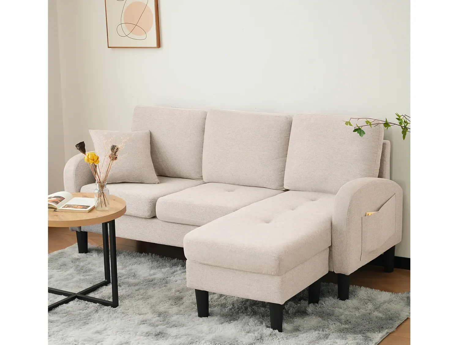 Sofá|Merax Sofá de canto de 3 lugares com chaise longue - 185 x 118 x 82 cm - tecido respirável de algodão e linho - Bege