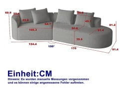 DripeX Sofá de Canto Direito Moderno Superdimensionado 4 Lugares, com 4 Almofadas, Chaise Longue Curva, Tecido Chenille, Cinza Claro^ Sofá