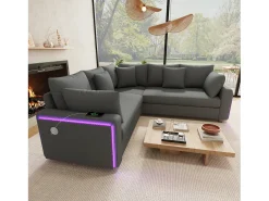 Sofá*ModernLuxe Sofá de canto em L - 4 lugares - con iluminação LED - porta de carregamento USB - veludo canelado - cinza Cinzento